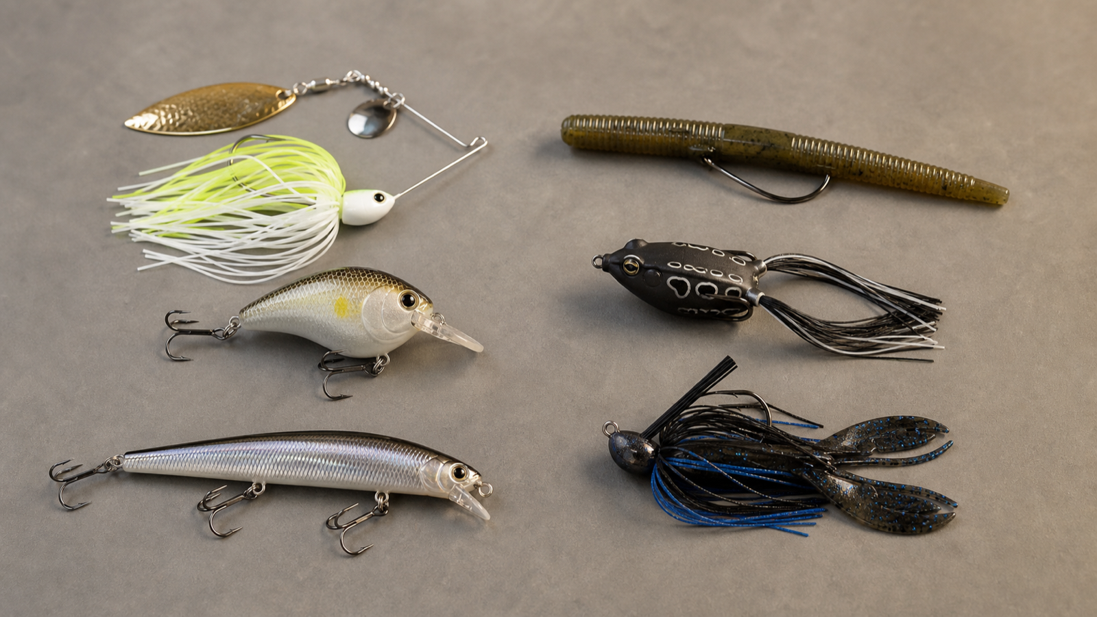 Studio spread of common bass fishing lures